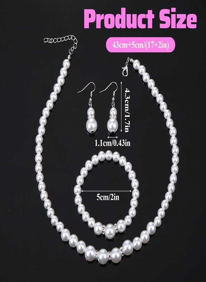 Lnngub 3 Pcs Pearl Necklace and Earring Bracelet Set,8mm Faux Pearl Jewelry Set for Women White Pearls Necklace for Women Best Gift for Birthday Valentine'S Day - Image 2